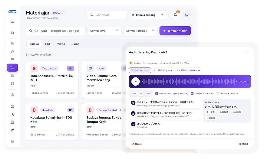 Bank materi ajar dan pemutar audio listening dengan transkrip
